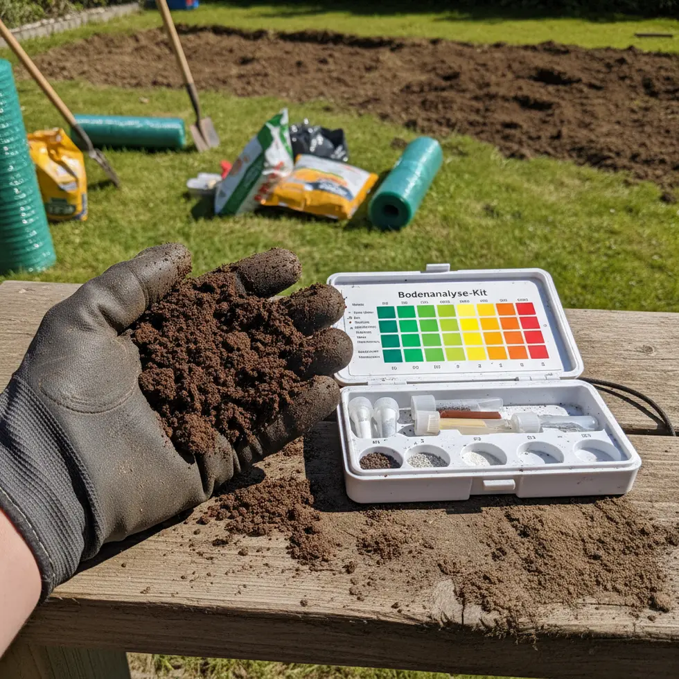 Bodenanalyse-Kit für Rasenneuanlage Bodenprobe in Hand mit Bodenanalyse-Kit und Farbskala