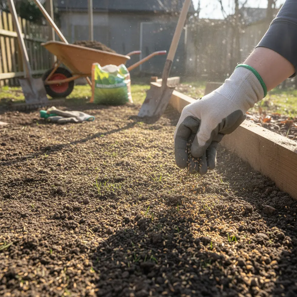 Feine Grassamen gleichmäßig ausgebracht Feine Grassamen werden gleichmäßig von Hand ausgesät