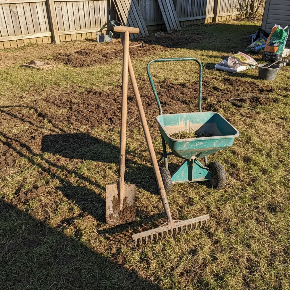 Gartenarbeitsgeräte auf Rasen Gartenarbeitsgeräte auf einem Rasen: Spaten, Rechen und Streuwagen