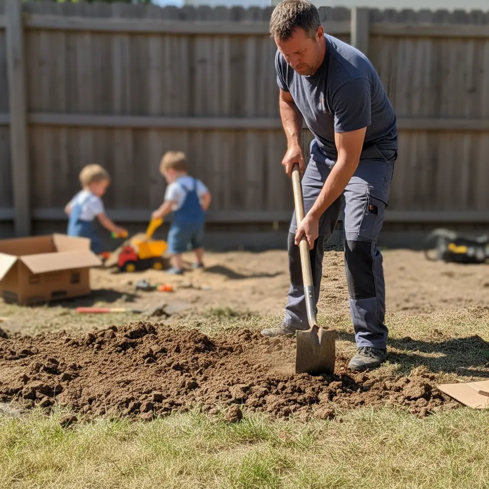 Vater beim Graben für den Rasen neu anlegen Vater gräbt Boden auf, Kinder spielen im Hintergrund