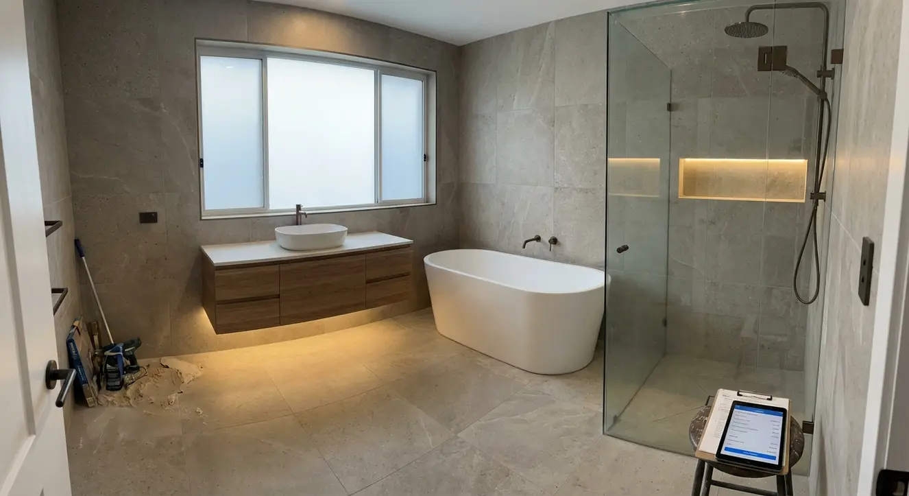 Badsanierung Kosten 2026: Preis pro qm & Kostenrechner - Illustration Weitwinkelaufnahme eines modern eingerichteten Badezimmers mit harmonischer Beleuchtung und hochwertigen Materialien