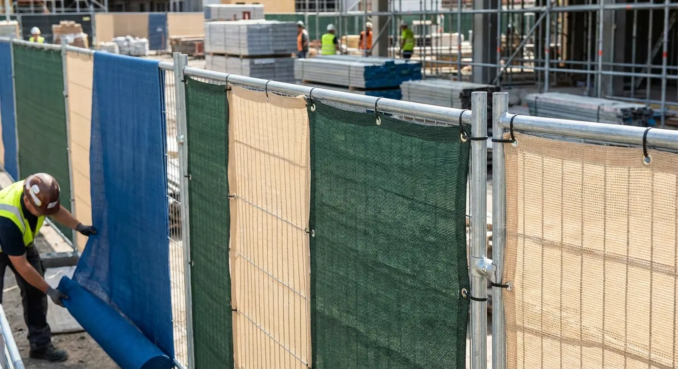 Bauzaun Sichtschutz kaufen: Blickdicht & Winddurchlässig - Illustration Aufnahme einer Montagefront mit verschiedenen Bauzaunplanen, montiert auf Metallzäunen, mit klar sichtbaren Befestigungsösen und farblichen Varianten