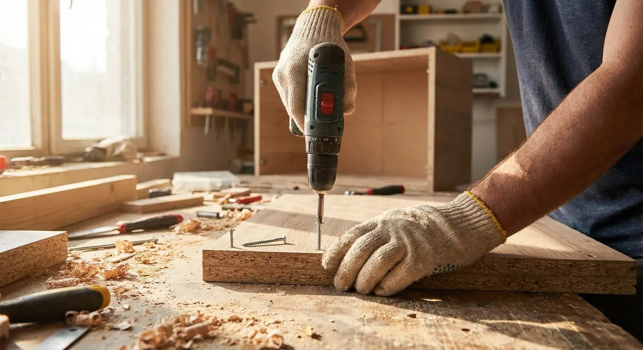 Einbauschrank selber bauen: Anleitung, Kosten & Tipps für Maßmöbel - Illustration Nahaufnahme von Händen, die eine Spanplatte mit Schrauben bearbeiten, warmes Tageslicht fällt durch ein Fenster auf den Werkstattboden