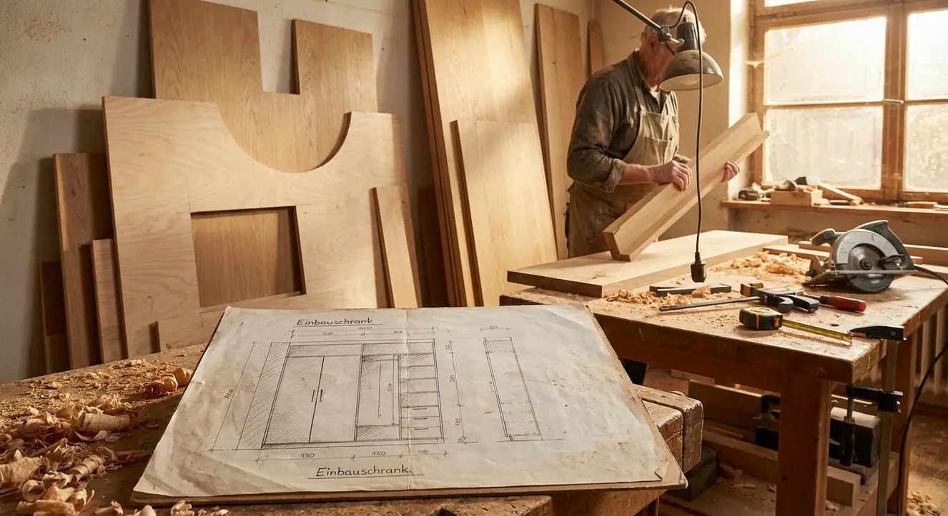 Einbauschrank selber bauen: Anleitung, Kosten & Tipps für Maßmöbel - Illustration Werkstatt-Szene mit aufgeschnittenen Holzplatten und Werkzeugen, eine Skizze des Schrankplans im Vordergrund, warmes Licht schafft eine arbeitsame Atmosphäre