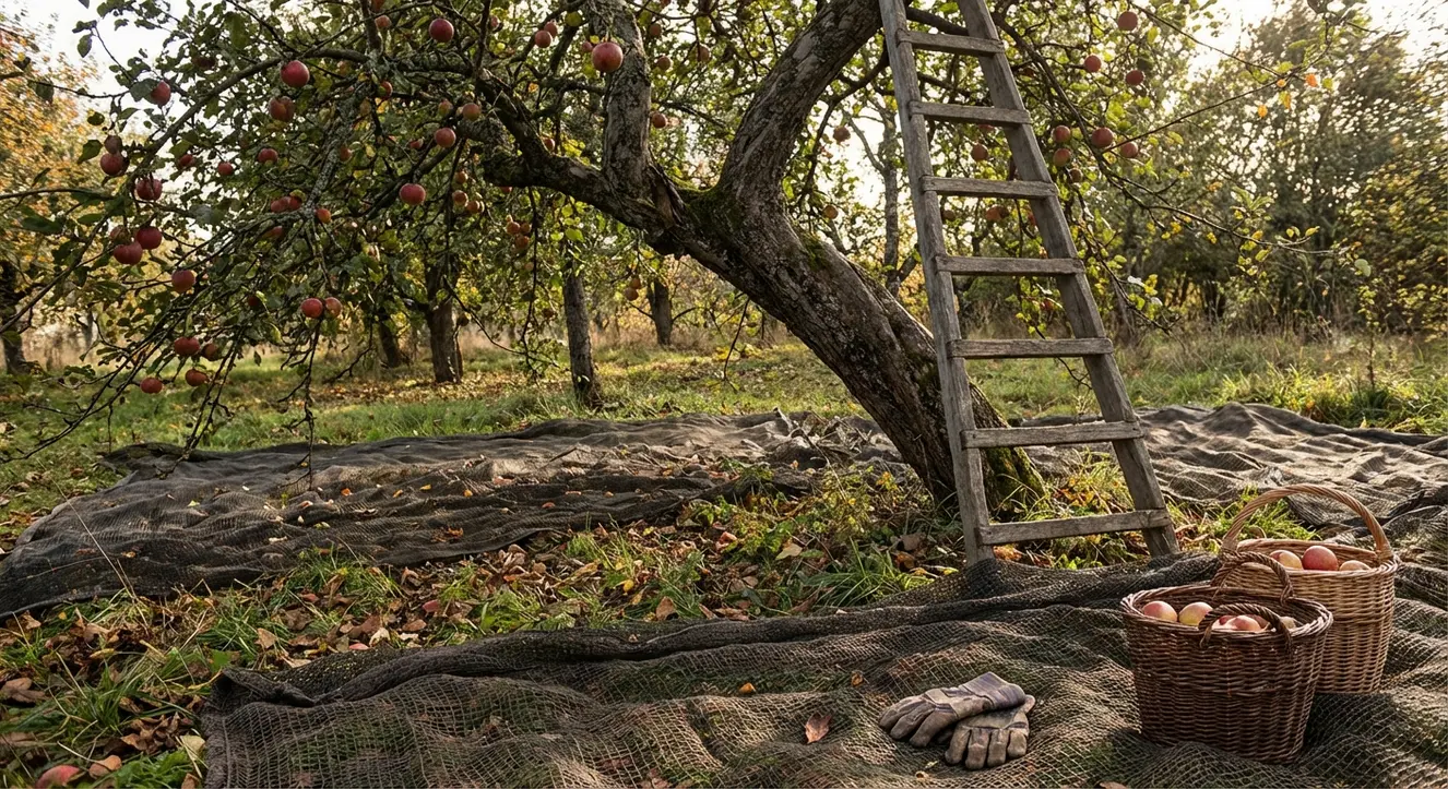 Erntenetze kaufen: Robust & Langlebig für Obst & Nüsse - Illustration Ein alter Apfelbaum mit reifen Früchten und einer robusten Leiter, die daran lehnt; die Szene strahlt Ruhe und Herbststimmung aus