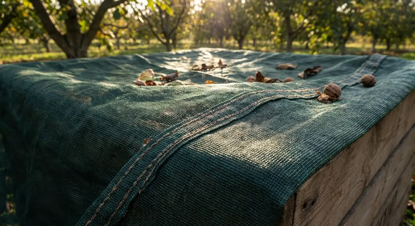 Erntenetze kaufen: Robust & Langlebig für Obst & Nüsse - Illustration Nahaufnahme eines stabilen Erntenetzes mit doppelt vernähten Nähten und feiner Struktur, Sonnenlicht spielt auf dem Material