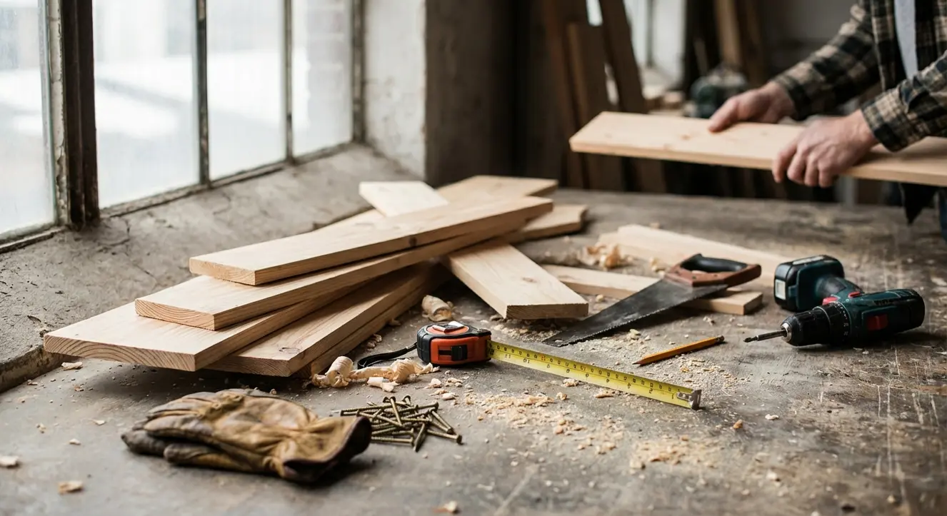 Hochbett selber bauen: Einfache Anleitung & Geniale Ideen - Illustration Nahaufnahme von Holzleisten und Werkzeugen auf einem Werkstattboden, natürliches Licht durch ein Fenster, Handwerkerstimmung