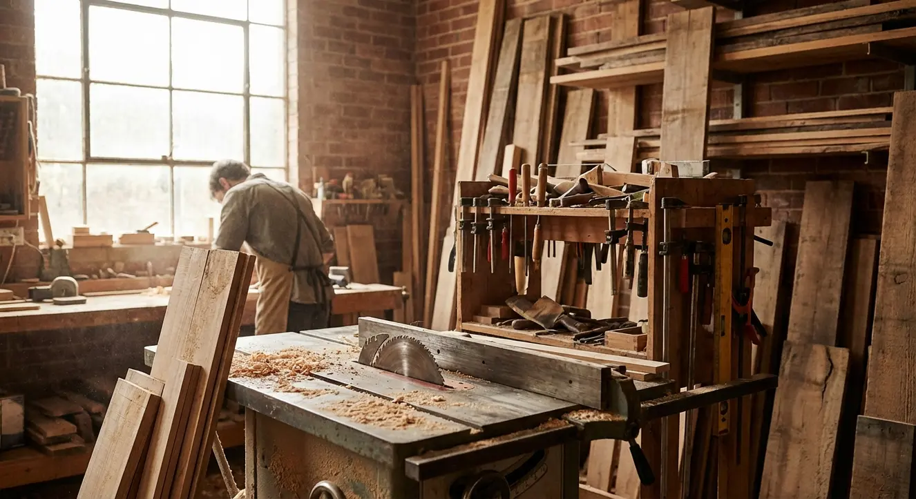 Holzzuschnitt nach Maß online kaufen: Millimetergenau & Günstig - Illustration Enge Werkstatt mit Holzbrettern, Werkzeuggestell, Vordergrund eine alte Kreissäge mit Holzspänen, weiches, natürliches Licht