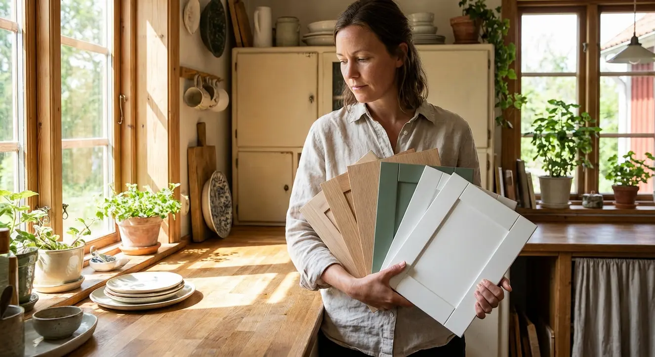 IKEA Küchenfronten kaufen: Top-Auswahl für Metod & Faktum - Illustration Person, die verschiedene Küchenfrontmuster in der Hand hält, natürliche Küchenumgebung, Tageslicht