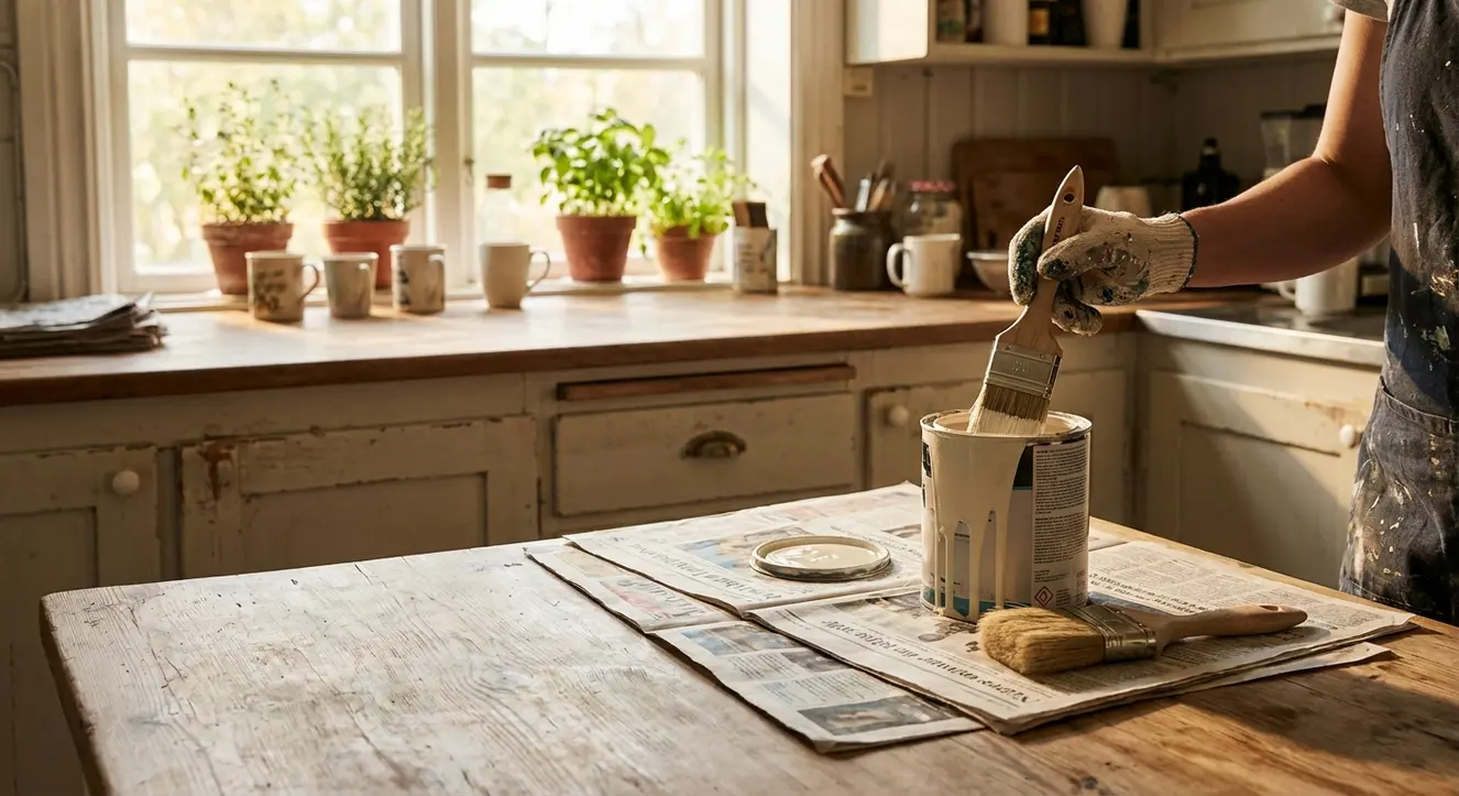 Küchenfronten erneuern: Methoden & Kosten im Vergleich - Illustration Detailaufnahme einer Küchenarbeitsplatte mit geöffneten Farbtopf und Pinsel, Tageslicht strömt durch das Fenster, warme Atmosphäre im Raum