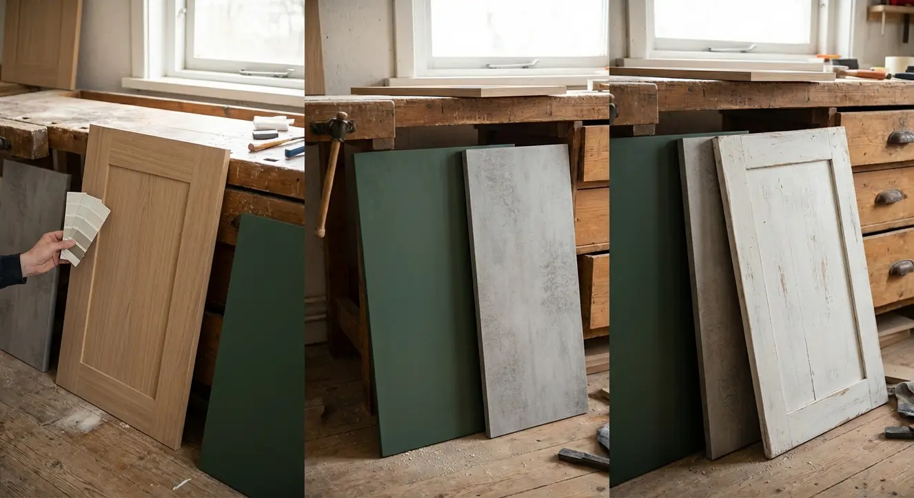 Küchenfronten erneuern: Methoden & Kosten im Vergleich - Illustration Nahaufnahme verschiedener Küchenfronten mit unterschiedlichen Materialien und Oberflächen, natürliches Licht betont Struktur und Farbe