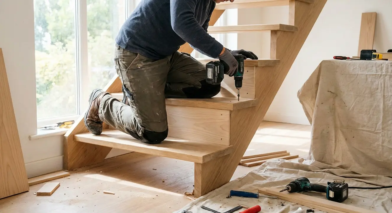 Offene Treppe schließen: Anleitung zum Verkleiden & Nachrüsten - Illustration Ein Heimwerker beim Festziehen von Schrauben an einer offenen Holztreppe, natürlicher Tageslichteinfall, realistische Baustellensituation