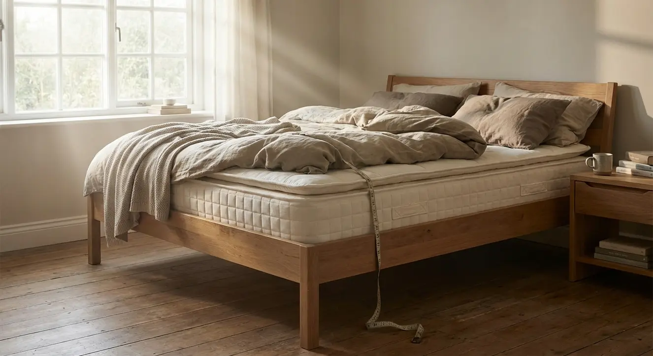 Optimale Betthöhe bestimmen: Ratgeber für Komfort- & Seniorenbetten - Illustration Sanftes Morgenlicht fällt durch ein Schlafzimmerfenster auf ein gemütliches Bett, dessen Matratze und Rahmen Detail für Detail zu sehen sind