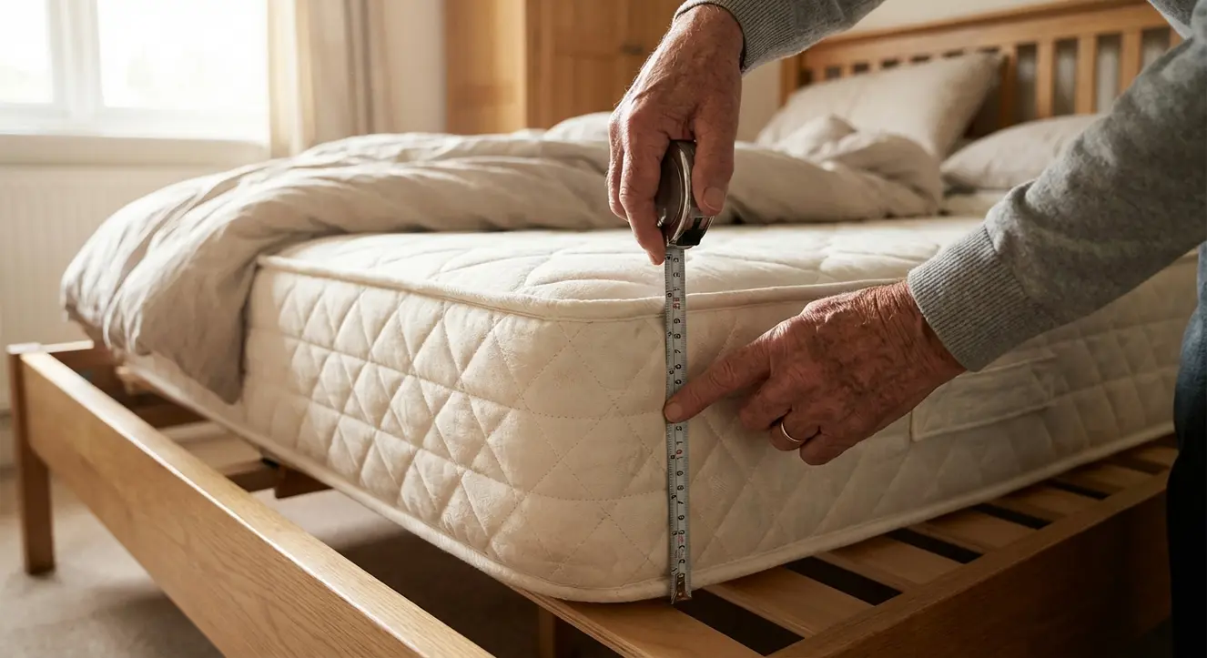 Optimale Betthöhe bestimmen: Ratgeber für Komfort- & Seniorenbetten - Illustration Nahaufnahme von Händen, die eine Matratze sorgfältig ausmessen, um die optimale Betthöhe zu bestimmen