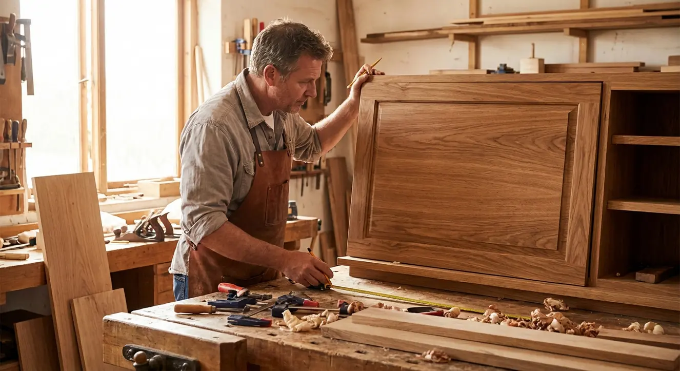 PAX Türen Alternative: Maßgefertigte Fronten & Designs kaufen - Illustration Ein Handwerker, der eine maßgeschneiderte Schrankfront am Werkstatt-Tisch prüft, umgeben von Werkzeugen und Holzspänen, warmes Licht