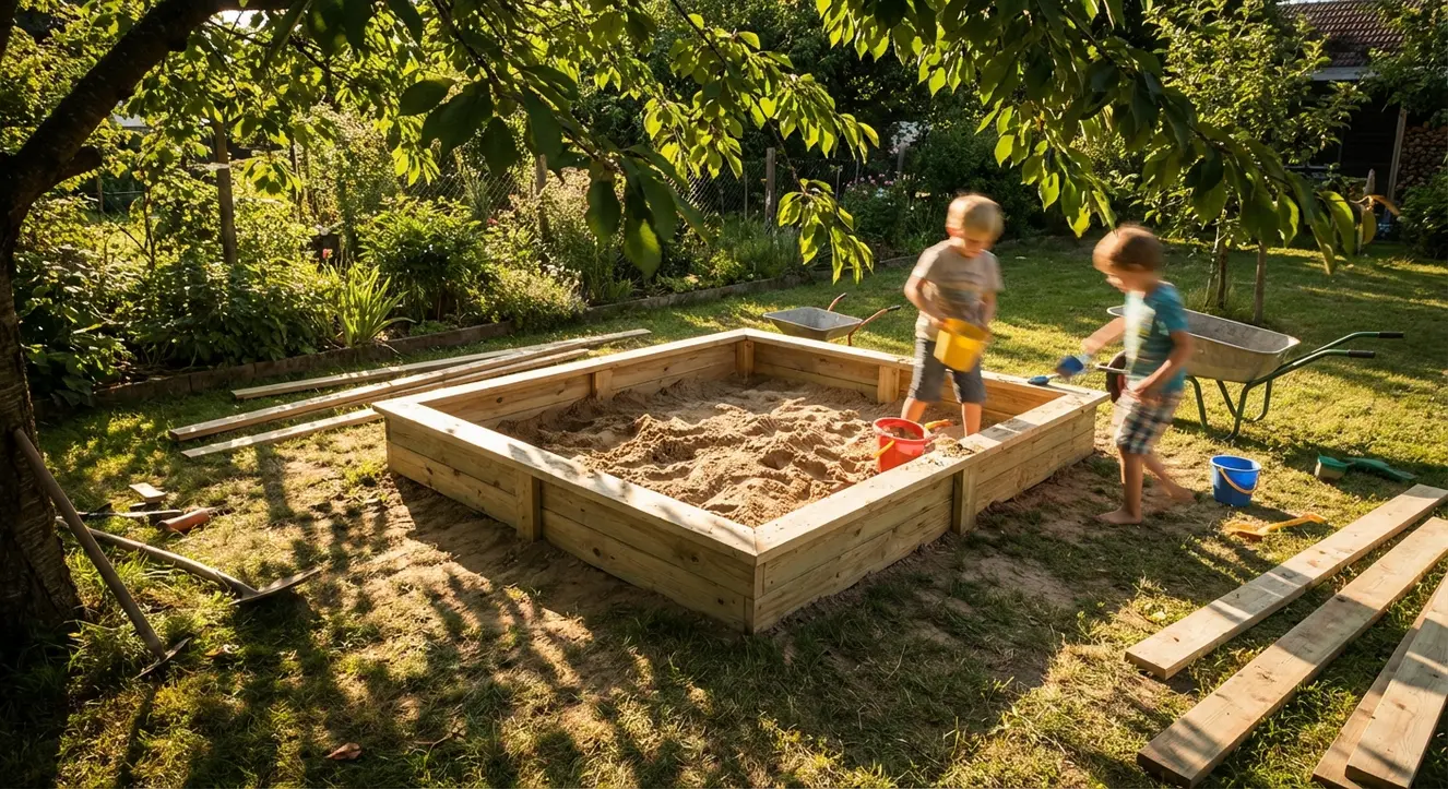 Sandkasten selber bauen: Einfache Anleitung & Materialliste - Illustration Eine warme Nachmittagsstimmung im Garten mit einem gerade aufgebauten Holzsandkasten, Sonnenlicht, Schatten von Bäumen, natürliche Farben
