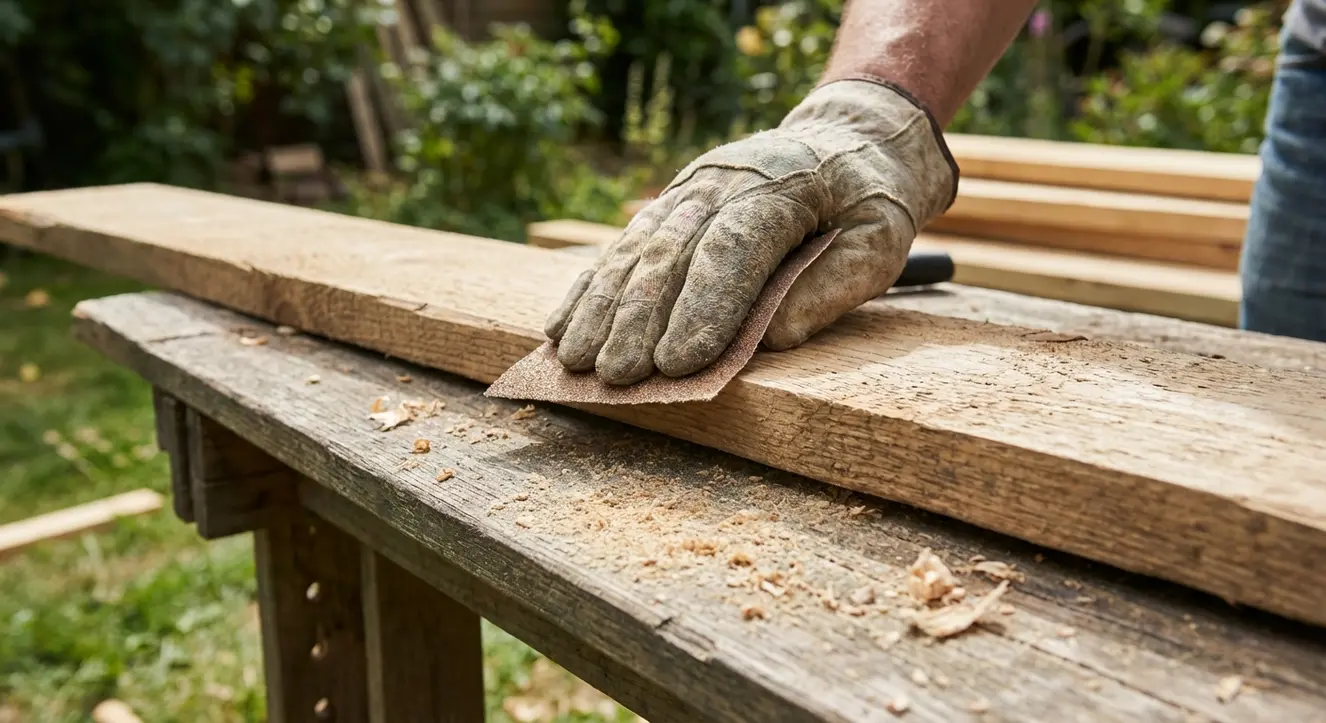 Sandkasten selber bauen: Einfache Anleitung & Materialliste - Illustration Nahaufnahme von einer Hand, die eine Holzlatte mit Schleifpapier sorgfältig glatt schleift, Tageslicht, natürliche Umgebung