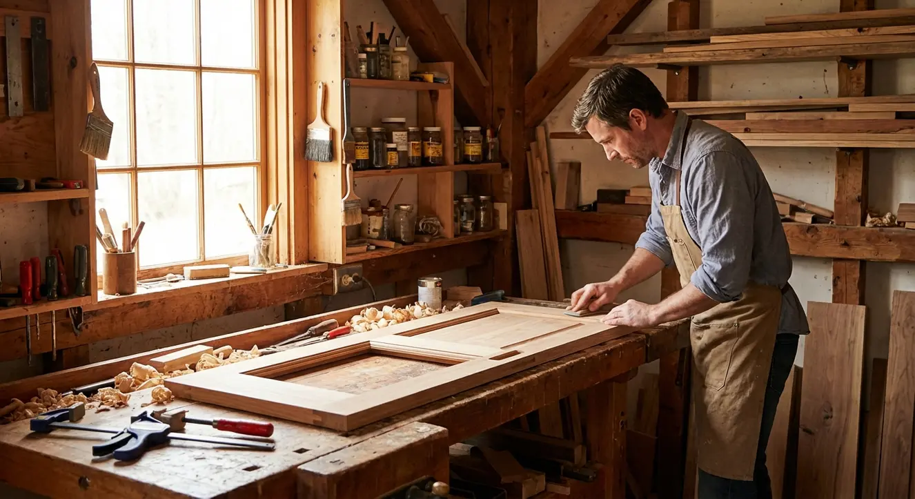 Schiebetür selber bauen: Einfache Anleitung & Tipps für Heimwerker - Illustration Gemütliches Werkstattambiente mit holzbehandelten Oberflächen, weichem Licht und sichtbaren Werkzeugen auf einem Werkstatttisch