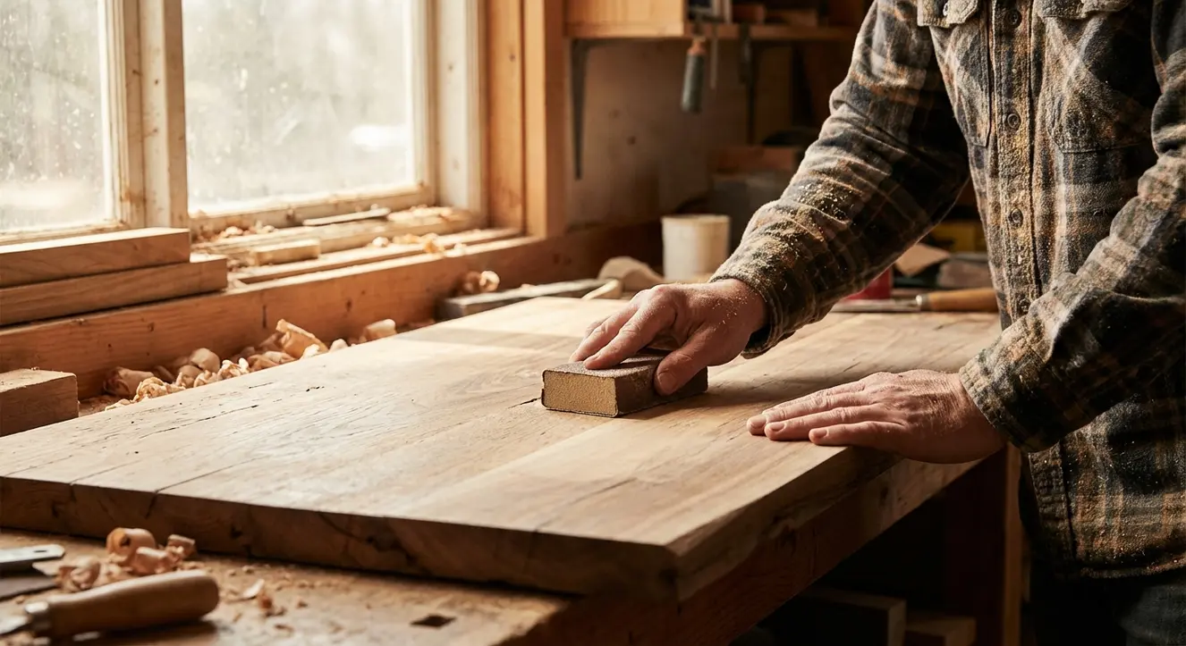 Schreibtisch selber bauen: Einfache Anleitung & Kreative Ideen - Illustration Nahaufnahme eines Schreiners, der mit einem Schleifpapier behutsam eine Tischplatte glättet, warme Lichtstimmung im Werkraum