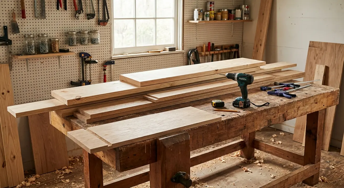 Schreibtisch selber bauen: Einfache Anleitung & Kreative Ideen - Illustration Workshop-Szene mit verschiedenen Holzbrettern auf einem Arbeitstisch, dahinter Werkzeug wie Bohrmaschine und Schraubzwingen, klares Tageslicht