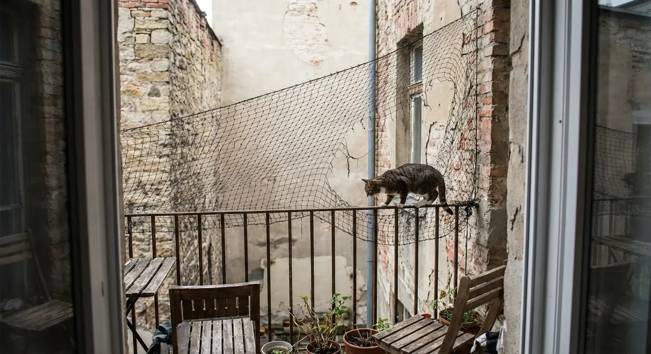 Taubenschutznetz am Balkon: Rechtslage, Montage & Auswahl-Guide - Illustration Blick auf einen Balkon mit beschädigtem Netz, das lose hängt, umgeben von Hausmauern und einer Katze auf dem Geländer