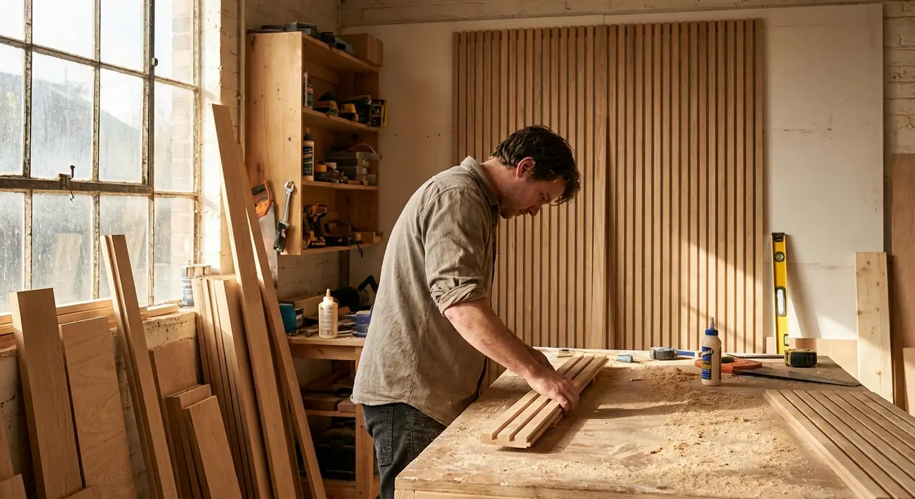 Wandgestaltung mit Holzleisten: Ideen, Material & DIY-Anleitung - Illustration Warm beleuchtete Werkstatt mit Holzbrettern, Werkzeug und einer fast fertigen Holzleistenwand im Hintergrund, die den handwerklichen Prozess authentisch widerspiegelt