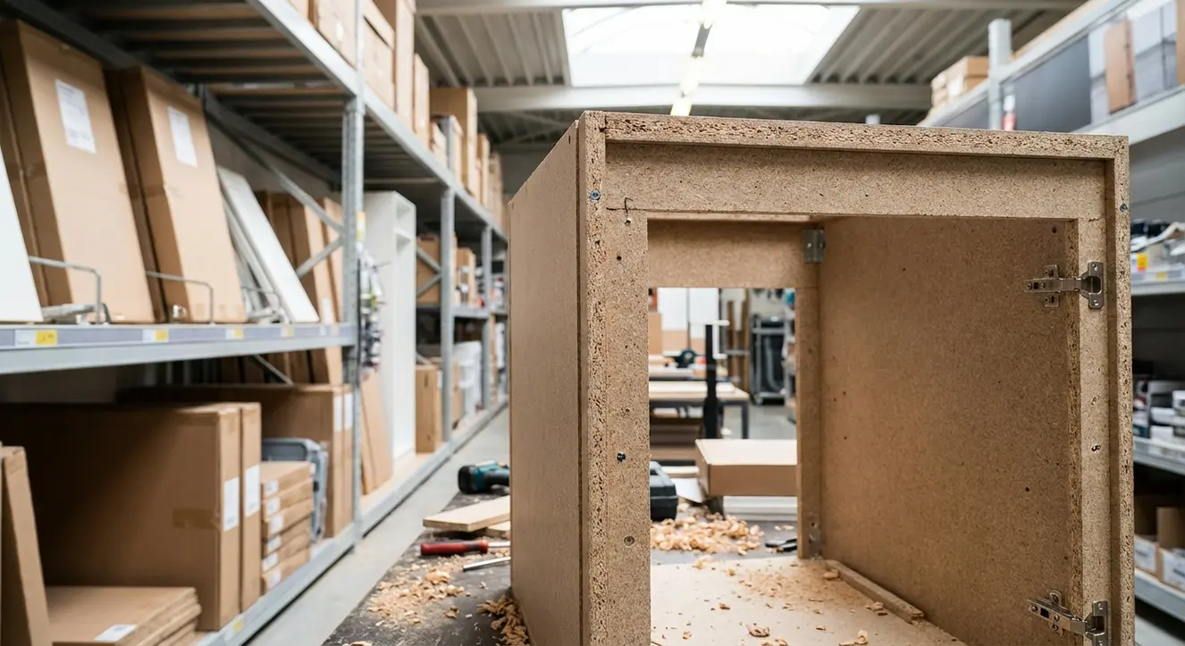 Waschmaschinenschrank kaufen: Platzwunder für Bad & HWR - Illustration Detaillierte Nahaufnahme von einem halb zusammengebauten Waschmaschinenschrank aus Pressspan mit sichtbaren rauen Kanten in einem Baumarktgang, natürliches Licht