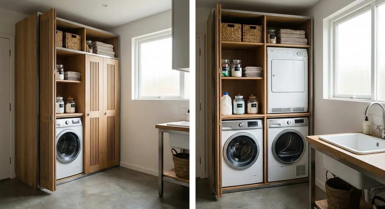 Waschmaschinenschrank kaufen: Platzwunder für Bad & HWR - Illustration Innenaufnahme eines aufgeräumten Hauswirtschaftsraums mit einem stabilen Waschmaschinenschrank, der gut organisiert wirkt, nüchterne Beleuchtung