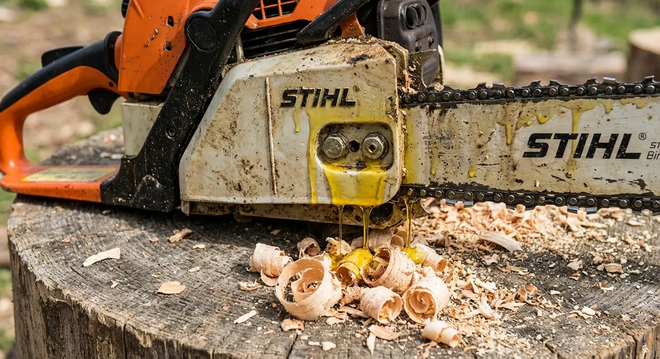 Welches Öl für Kettensäge? Ratgeber & die besten Öle im Vergleich - Illustration Nahaufnahme einer Kettensäge mit tropfendem, leuchtend gelbem Kettensägenöl auf einer robusten Kette, umgeben von Holzspänen und natürlichem Tageslicht