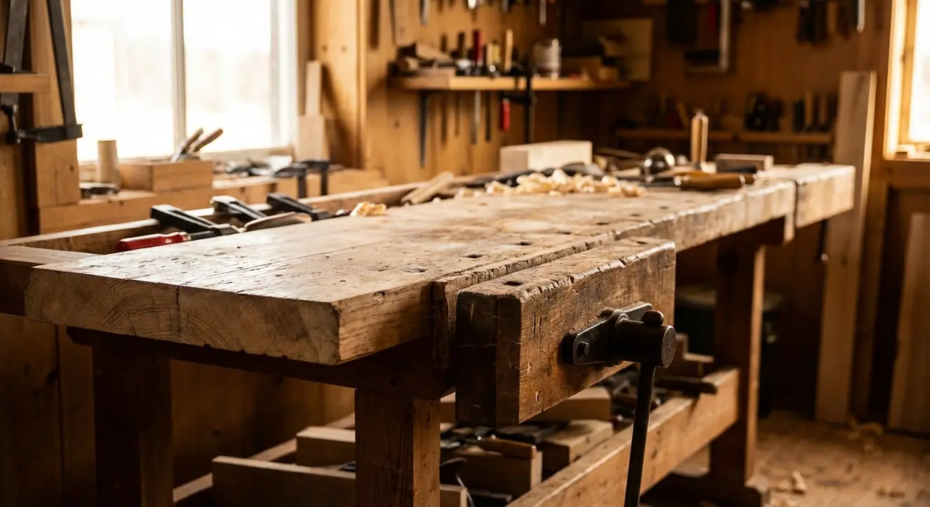 Werkbank selber bauen: Stabile DIY-Anleitung & Bauplan - Illustration Detailaufnahme einer robusten Werkbank aus Holz in einer Werkstatt, im Hintergrund Werkzeuge und eine warme Lichtstimmung
