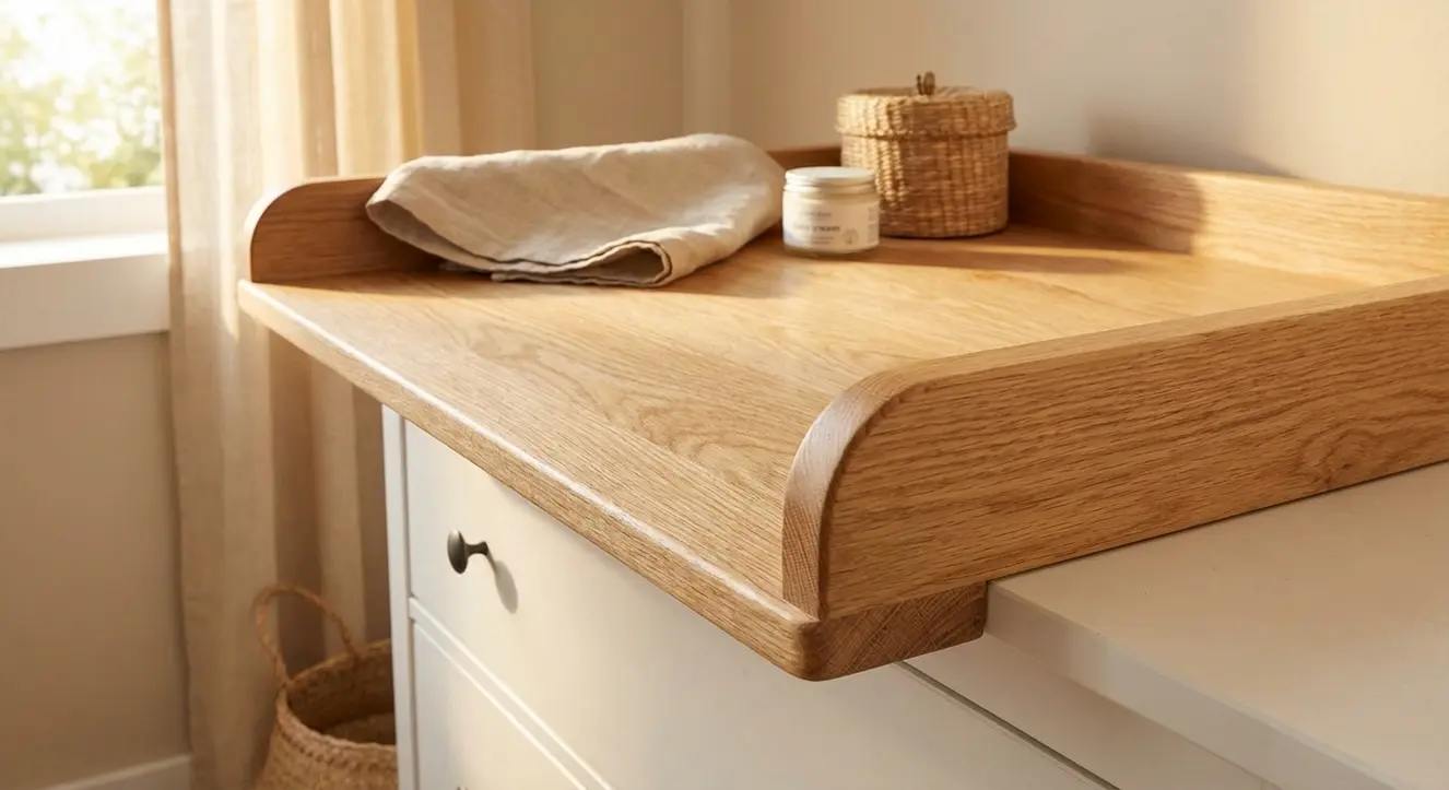 Wickelaufsatz aus Holz kaufen: Natürlich & Passgenau - Illustration Detailaufnahme eines massiven Holz-Wickelaufsatzes mit sichtbarer Maserung und warmem Tageslicht, in einer ruhigen, heimischen Umgebung