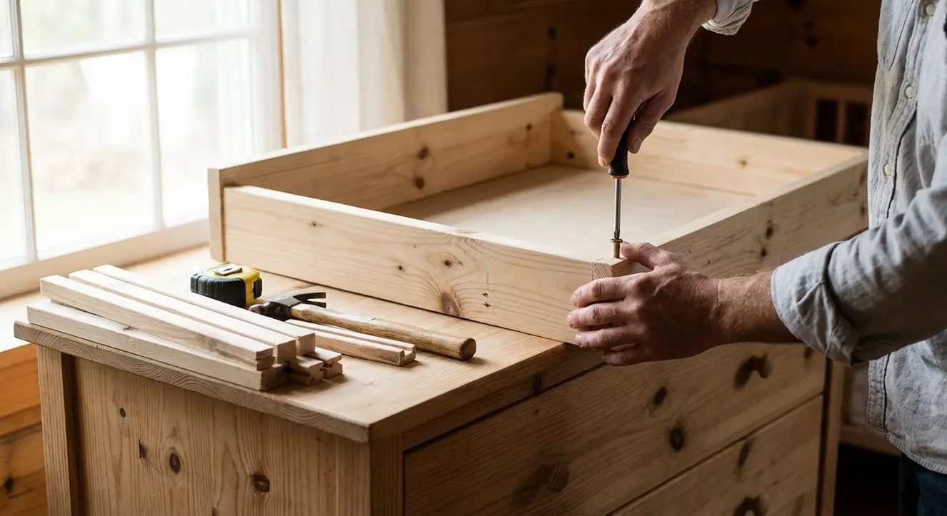 Wickelaufsatz aus Holz kaufen: Natürlich & Passgenau - Illustration Szenische Aufnahme einer Montage eines Holz-Wickelaufsatzes, Hände halten Werkzeug, Holzstruktur gut sichtbar