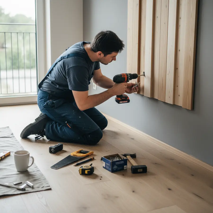 Akustikpaneele selber bauen: Die einfache Schritt-für-Schritt Anleitung** - Photo Akustikpaneele selber bauen: Heimwerker befestigt Holzlatten an Wohnzimmerwand