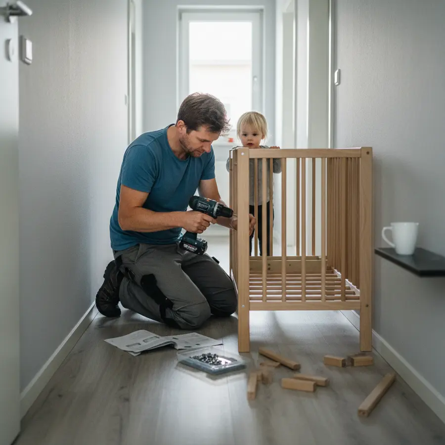 Babybay Maxi vs. Original: Lohnt sich der Aufpreis für mehr Platz? - Photo Babybay Maxi vs. Original: Vater montiert Babybay Maxi im Flur, Kind schaut begeistert