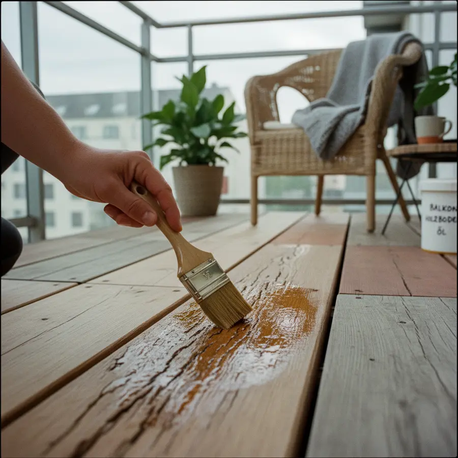 Balkon Holzboden: Welches Holz hält am längsten? (Großer Material-Vergleich) - Photo Hand, die mit Ölpinsel eine grob strukturierte Holzdiele auf Balkon ölt