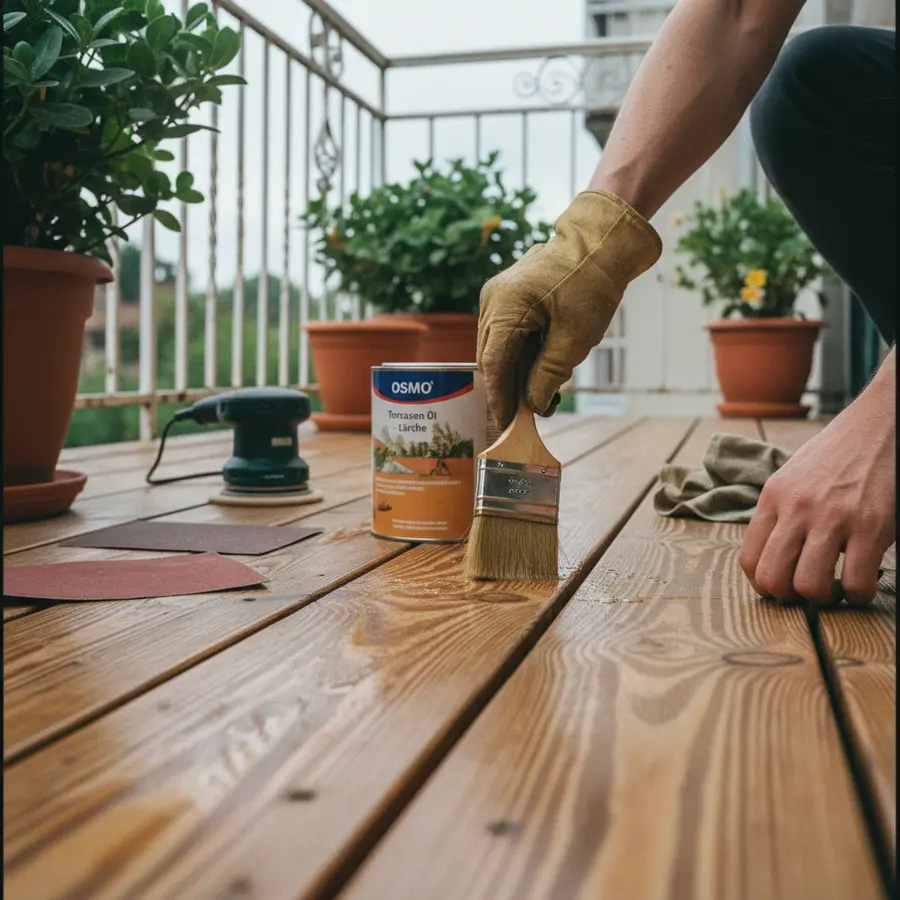 Balkon Holzboden: Welches Holz hält am längsten? (Großer Material-Vergleich) - Photo Nahaufnahme: Pflege von Holzboden auf Balkon, sichtbare Maserung und Werkzeuge