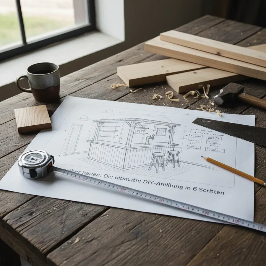 Bar selber bauen: Die ultimative DIY-Anleitung in 6 Schritten - Photo Bar selber bauen: Skizze einer Kellerbar mit Werkzeug und Holzbrettern