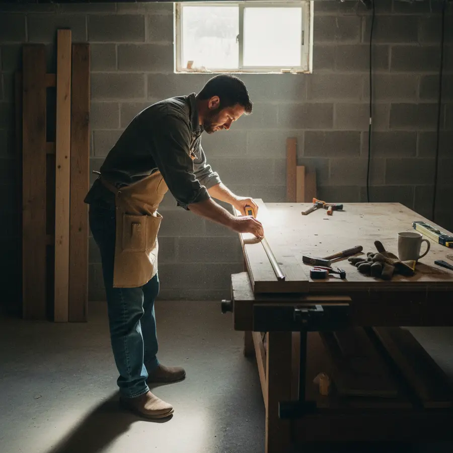 Bar selber bauen: Die ultimative DIY-Anleitung in 6 Schritten - Photo Bar selber bauen: Heimwerker misst Holzbretter im Keller für DIY-Anleitung