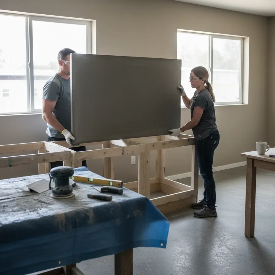 Betonarbeitsplatte selber machen: Gießen oder Spachteln? (Anleitung) - Photo Betonarbeitsplatte selber machen: Probelegen auf Küchenunterschränke mit Schleifstaub