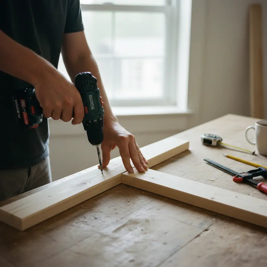 Bett-Kopfteil selber bauen: 7 Ideen & einfache Anleitung - Photo Bett-Kopfteil selber bauen: Hand schraubt Holzrahmen bei Tageslicht zusammen