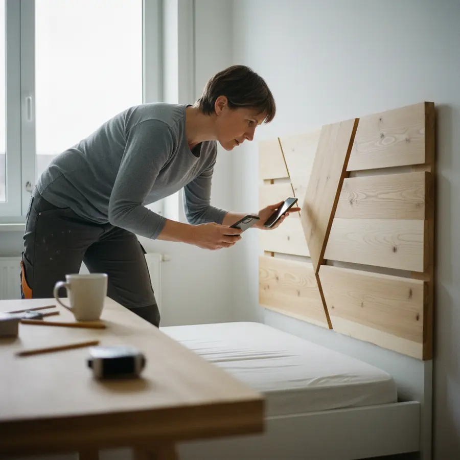 Bett-Kopfteil selber bauen: 7 Ideen & einfache Anleitung - Photo Person testet Bett-Kopfteil selber bauen mit Handy und Holz-Kopfteil