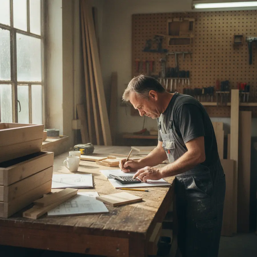 Blumenkasten aus Holz: Der große Ratgeber zu Holzarten & Pflege - Photo Carpenter calculating costs for a woodworking project, natural light