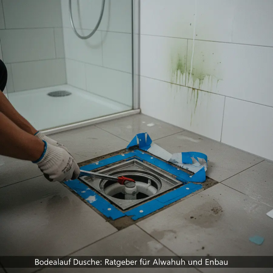 Bodenablauf Dusche: Ratgeber für Auswahl und Einbau - Photo Geöffneter Duschablauf: Blick in Siphon und Dichtbänder, Hand mit Werkzeug