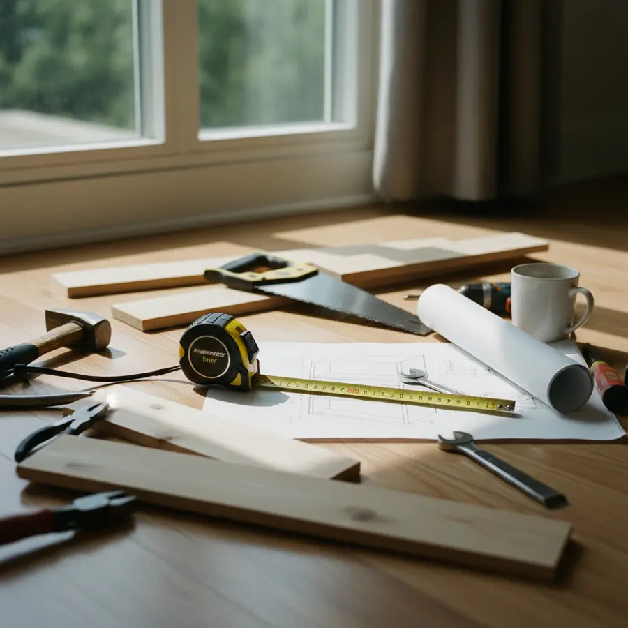 Bücherregal selber bauen: Anleitung & DIY-Ideen (47 Zeichen) - Photo Bücherregal selber bauen: Werkzeug, Holzplatten und Skizze im Sonnenlicht