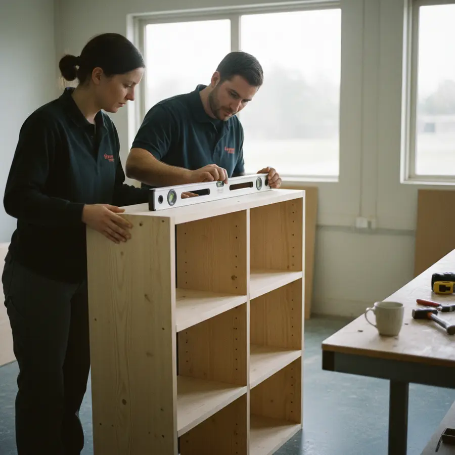 Bücherregal selber bauen: Anleitung & DIY-Ideen (47 Zeichen) - Photo Bücherregal selber bauen: Zwei Personen prüfen Stabilität mit Wasserwaage