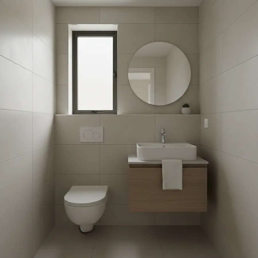 Gäste-WC Fliesen: Die besten Ideen & Trends 2025 für kleine Bäder - Photo Gäste-WC Fliesen: Modernes kleines Bad mit hellen großformatigen Fliesen