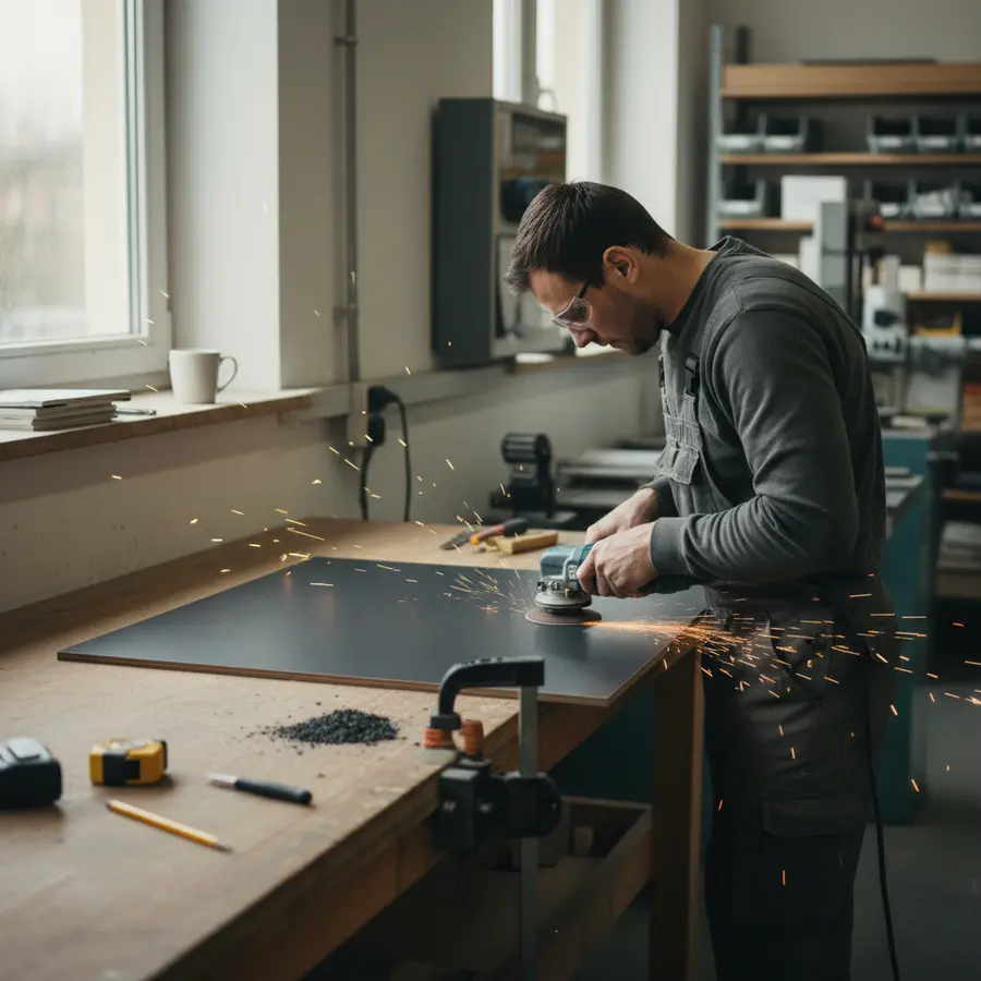 HPL Platten erklärt: Eigenschaften, Anwendung & Verarbeitung (Guide) - Photo Handwerker schleift dunkle HPL Platte bei der Arbeit, Späne fliegen
