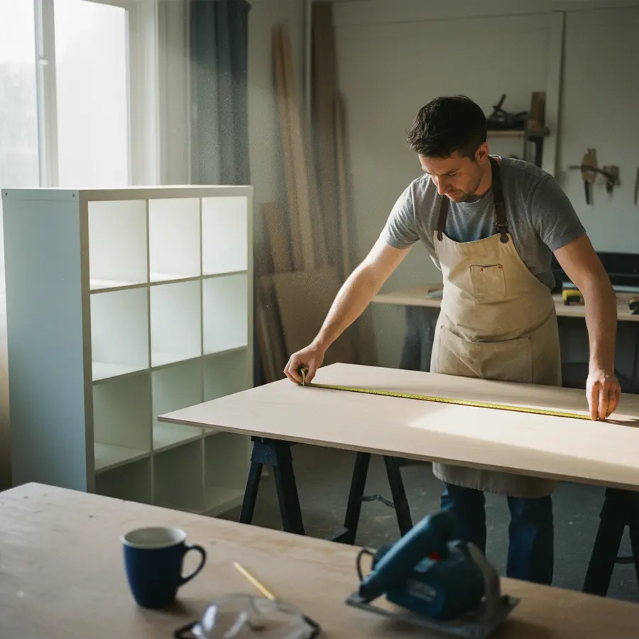 Kallax Rückwand selber bauen: 5 DIY-Ideen & Anleitung - Photo Kallax Rückwand selber bauen: DIYer misst Sperrholzplatte neben Regal