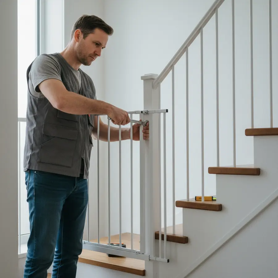 Kindersicherung Treppe: Die besten Treppenschutzgitter im Test & Vergleich - Photo Handwerker prüft Treppenschutzgitter für Kindersicherung an weißer Wand
