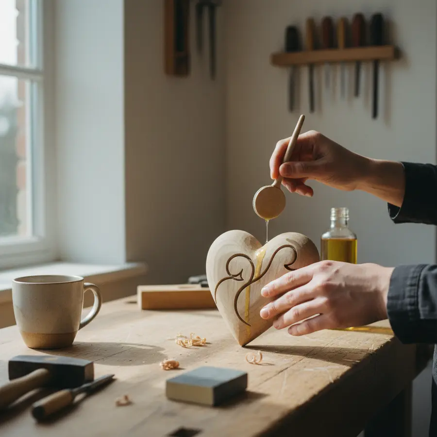 Muttertagsgeschenk aus Holz selbst machen: 5 emotionale DIY-Ideen & Symbolik - Photo Muttertagsgeschenk aus Holz selbst machen: Hände ölen geschnitztes Holzherz
